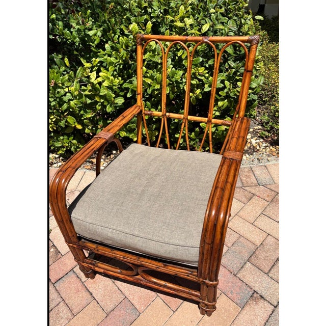 Mid-Century Modern Restored Vintage “1949’er” Pair of Rattan Chairs. Stunning Restoration With Marine Quality Varnish Finish. Rattan President Stick Reed Construction. For Sale - Image 3 of 5