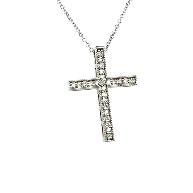 Natural Diamond Cross Pendant with Chain 17" 14k W Gold 0.25 CT Certified For Sale In New York - Image 6 of 14