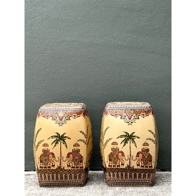 Vintage Glazed Ceramic Elephant Low Stools - A Pair For Sale - Image 4 of 12
