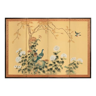1960s "Doves and Chrysanthemums" Japanese Style Silk Screen For Sale