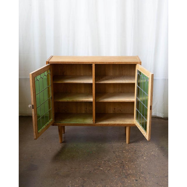 1970s Kjærnulf Style Danish Oak & Stained Glass Cabinet, Attributed For Sale - Image 9 of 12