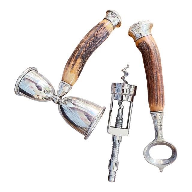 Antique Deer Antler and Sterling Silver Handled Bar Set- 3 Pieces For Sale