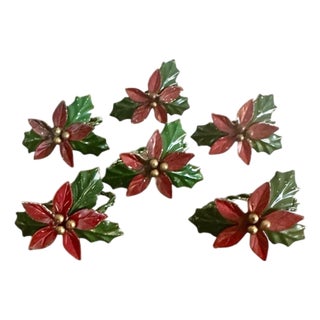 Vintage Tole Poinsettia Holiday Napkin Rings - Set of 6 For Sale