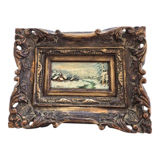 Vintage Oil Painting Detailed Winter Landscape Small Artwork Framed For Sale