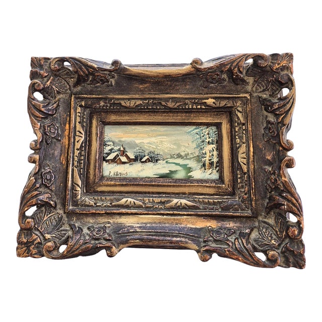 Vintage Oil Painting Detailed Winter Landscape Small Artwork Framed For Sale