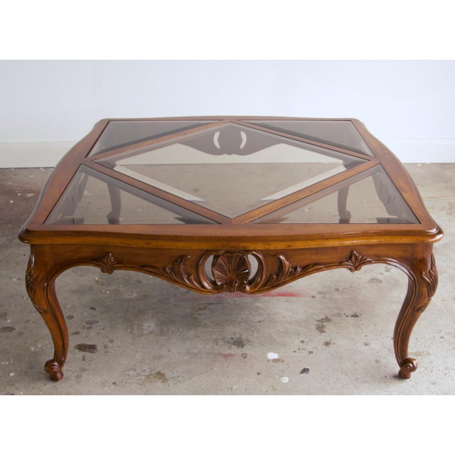 Vintage Louis XV Style Carved Square Cocktail Table With Smoked Beveled Glass Harlequin Top, 1970's For Sale - Image 4 of 5