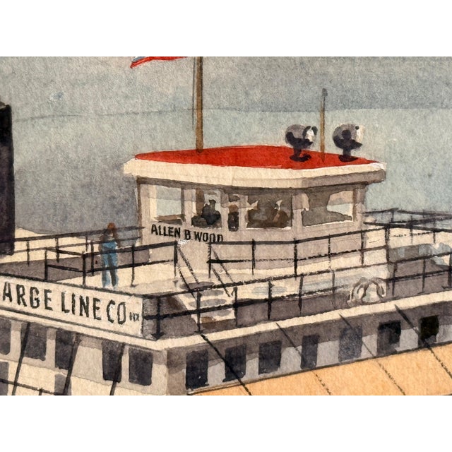 Robert Wathen Watercolor and Gouache Painting of Steam Boat "Allen B. Wood" American Barge Line Co. For Sale - Image 4 of 9