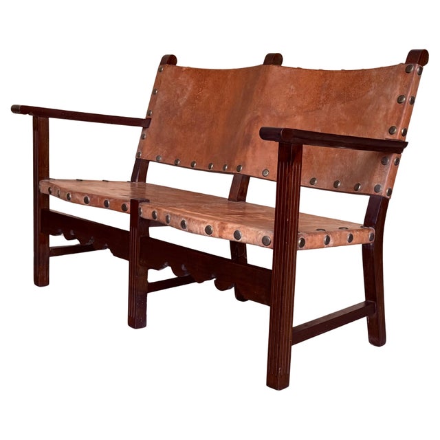 Walnut Leather Brown Spanish Sofa, Bench 18th Century Baroque Cordoba Ironwork For Sale - Image 15 of 18