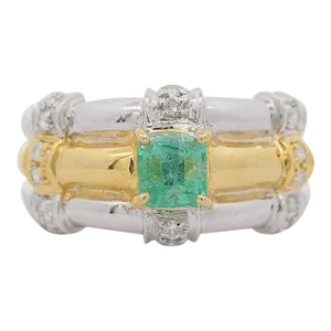 1 Carat Square Cut Emerald and Diamond Platinum & 18k Gold Ribbed Ring Size 8