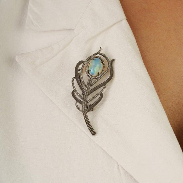 Not Yet Made - Made To Order Sterling Silver Art Deco Elegance Opal and Diamond Convertible Brooch Pendant For Sale - Image 5 of 12