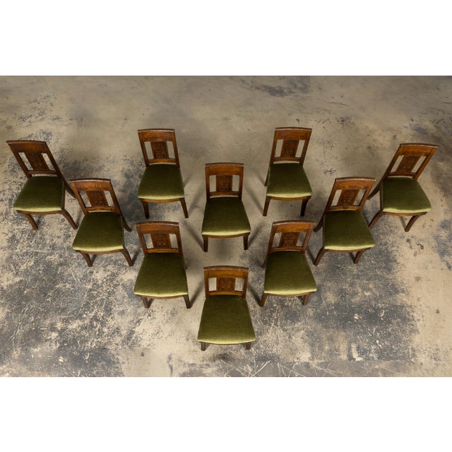Set of 10 Mid-19th Century French Directoire Walnut Dining Chairs in Olive Green For Sale - Image 4 of 18