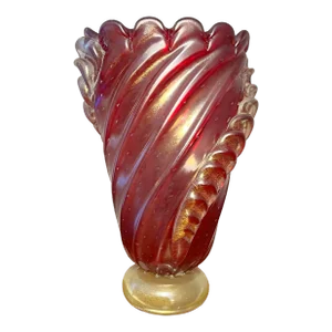 Mid 20th Century Murano-Ercole Barovier Bullicante Ruby Vase, Unmarked
