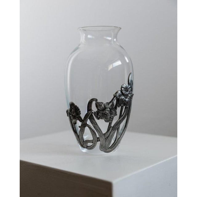 Vintage Glass Vase with Hand-Cast Pewter Daffodil Decoration, 1970s For Sale - Image 8 of 14