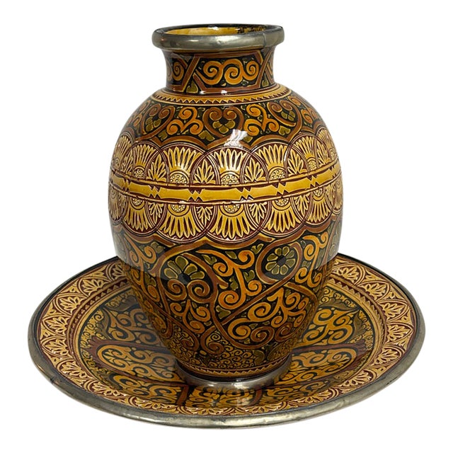Moroccan Ceramic Vase + Bowl, Set of Two For Sale