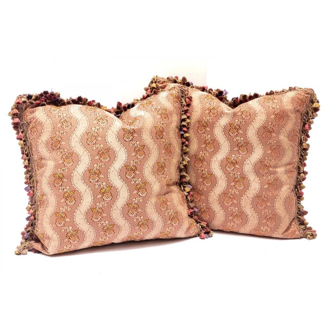 Brick Red French Brocade Square Pillows With Passimenterie Fringe Trim - a Pair For Sale - Image 8 of 8