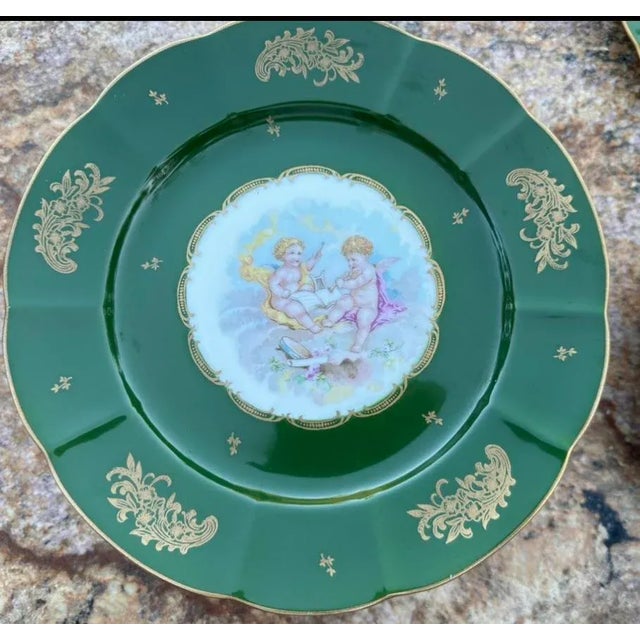 Vintage French Hand Painted Cherubs Gold Gilt Pedestal Green porcelain Cake Plate Stand. Rare find, Vintage Couleuvre...