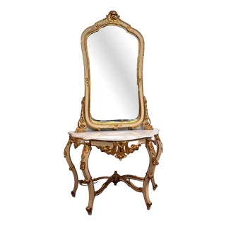 Louis XV Curved Console Table and Mirror in Gilded and Lacquered Wood For Sale