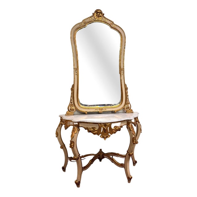 Louis XV Curved Console Table and Mirror in Gilded and Lacquered Wood For Sale