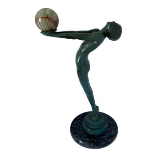 1960s Max Le Verrier "Lueur" French Art Deco Figural Sculpture With Onyx Sphere For Sale