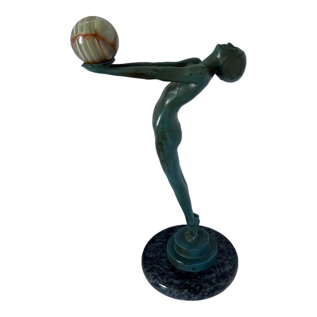 1960s Max Le Verrier "Lueur" French Art Deco Figural Sculpture With Onyx Sphere For Sale