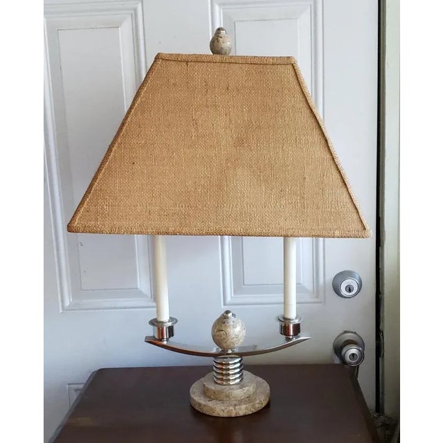 Early 1990's Frederick Cooper natural stone and chrome desk or table lamp with original shade and matching finial.. The...