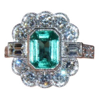 Gia Certified 2.53ct Natural Zambian Emerald & Diamond Halo Milgrain 18k White Gold Ring, Size 5 For Sale
