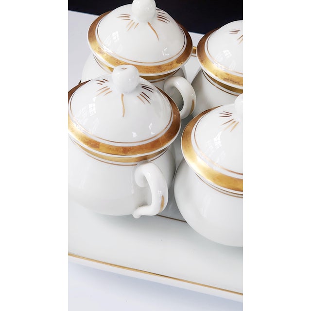 Vintage Portuguese Porcelain, Hostess Ware, Pot De Creme Set With Tray, Gilt Accents, Set of Eight, Circa 1980s - 9pcs For Sale In New York - Image 6 of 16