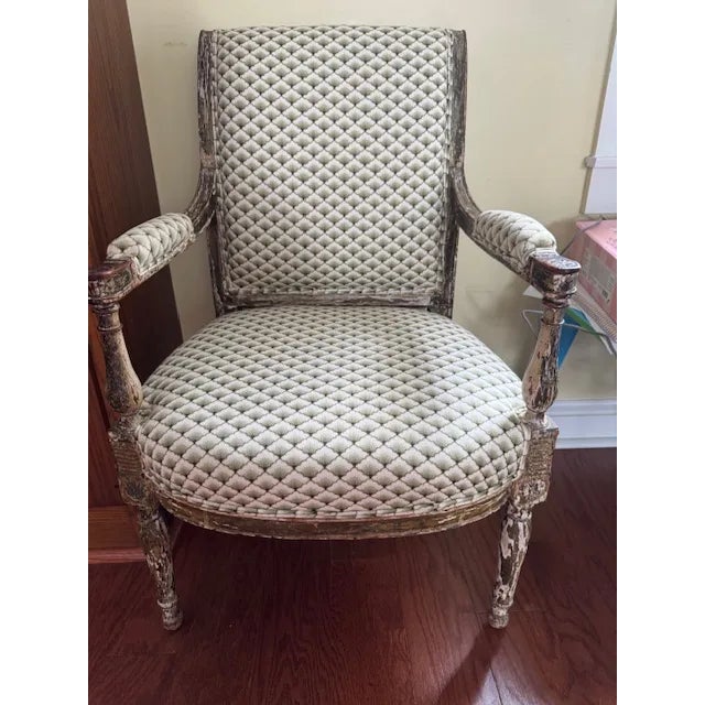 Pair of Antique French Louis XVI–Style Bergère Chairs, Green & White Striped Upholstery For Sale - Image 4 of 7