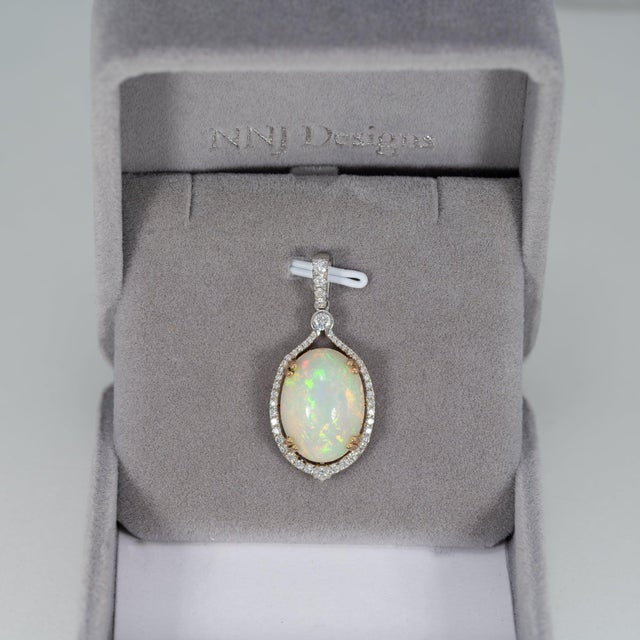 Modern 8.4Ct Ethiopian Opal Pendant With Earth-Mined Diamonds: Solid 14k Gold, 18x13mm For Sale - Image 3 of 7