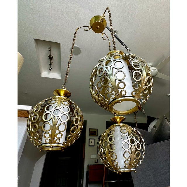 Trio (3) Mid-Century Hollywood Regency Pierced Brass Cluster Pendant Chandelier $4,500 For Sale - Image 18 of 18
