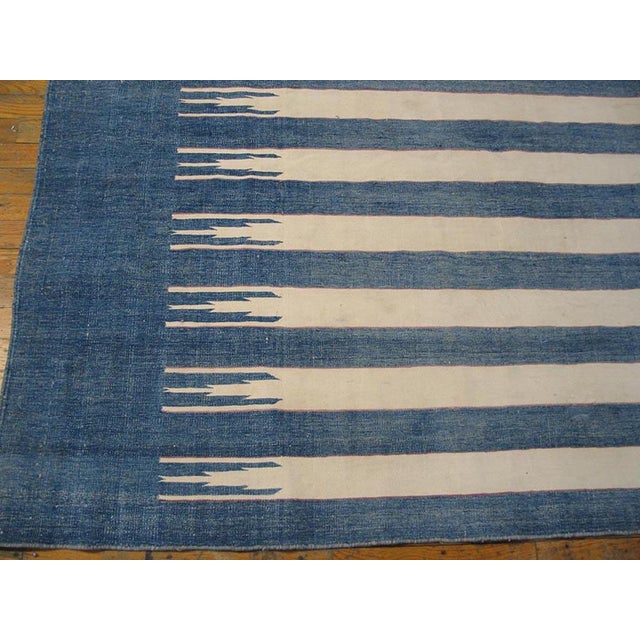 1930s White Blue Stripe Modern Antique Indian Cotton Dhurrie Carpet 5'10" X 10'9" Flatweave Rug For Sale - Image 4 of 4
