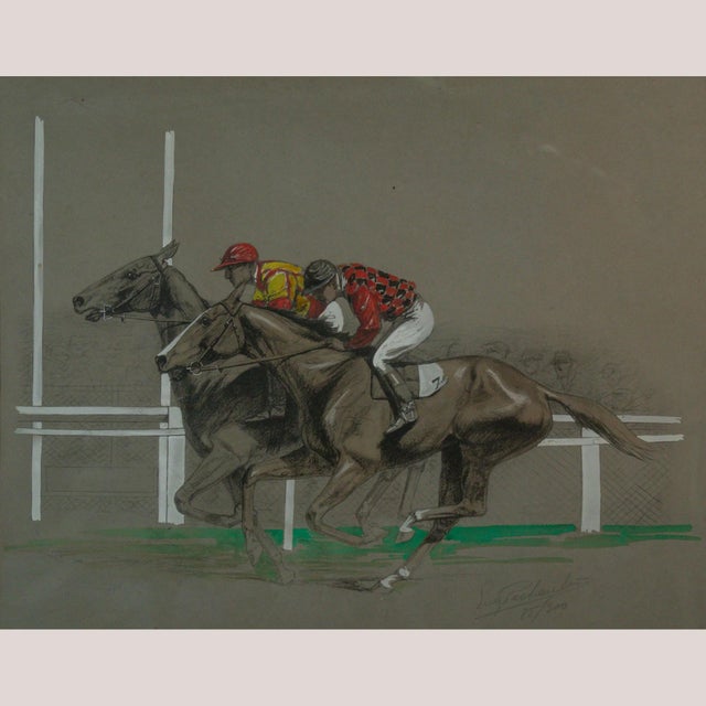 Eugène Pechaubès, Equestrian Sporting Scenes: Deauville Polo and Longchamp Horse Race, 1950s, Lithographs, Set of 2 For Sale - Image 6 of 10