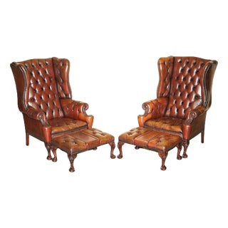 Chesterfield Wingback Armchairs and Ottomans with Claw and Ball Feet, Set of 4 For Sale