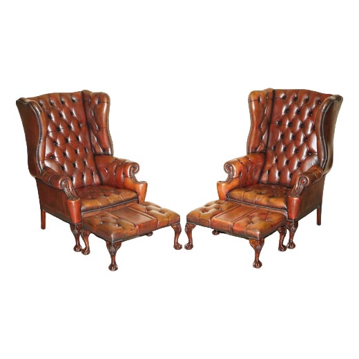Chesterfield Wingback Armchairs and Ottomans with Claw and Ball Feet, Set of 4 For Sale
