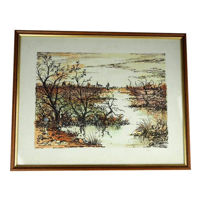 1970s French Watercolor Painting of View of Marsh, Church in the Distance, Framed For Sale