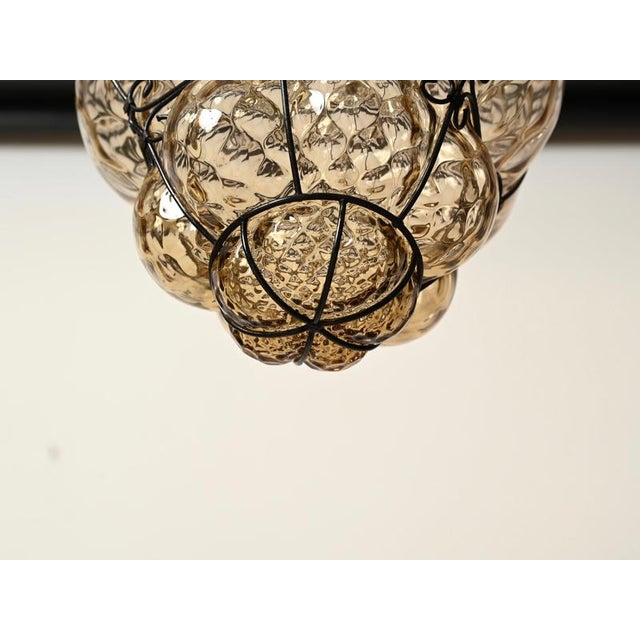 Large Mouth-Blown Murano Amber Glass and Iron Lantern Pendant Light from Seguso, Italy, 1940 For Sale - Image 10 of 18