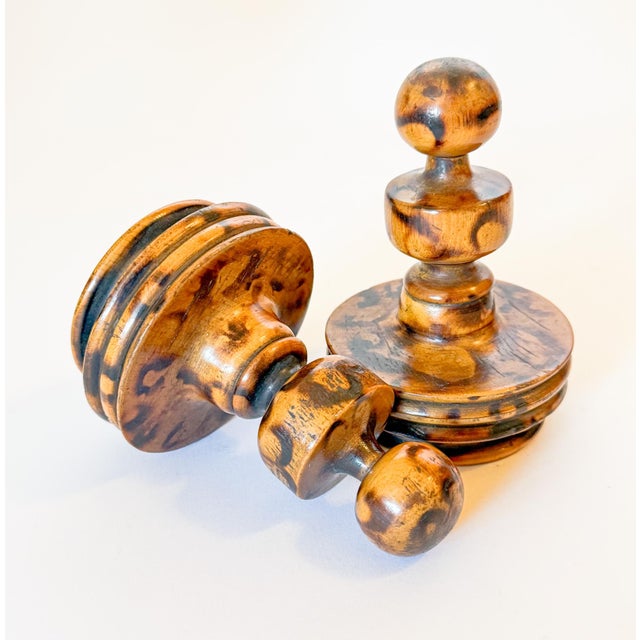 Incredible pair of Vintage Scorched or Burnt Faux Bamboo Finials shaped out of turned wood like large chess pieces. This...