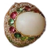 Bochic "Flamenco" Opal & Multi Fancy Color Sapphires Cocktail Ring 18K Gold For Sale