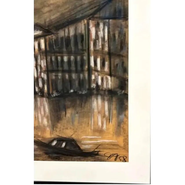 Mid Century 1958 Painting - Boat in the City, Signed - Venice Italy For Sale - Image 4 of 7