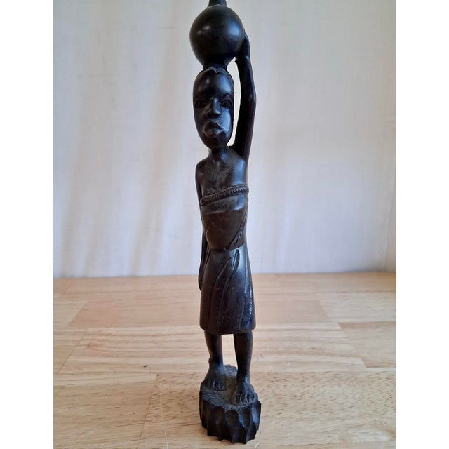 Hand Carved Angola Wood Sculpture Woman Carrying Water Jar African Folk Art 10” For Sale - Image 4 of 12
