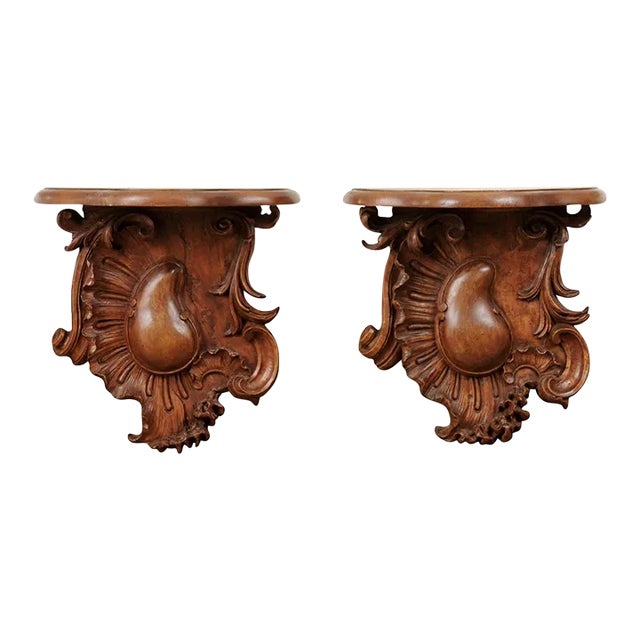 1760s French Louis XV Period Walnut Wall Brackets with Rocailles Motifs - a Pair For Sale
