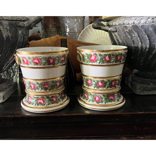 Antique 18th century French Louis XVI Queen's Factory Paris porcelain cachepots or flower pots on stands. Decorated with...