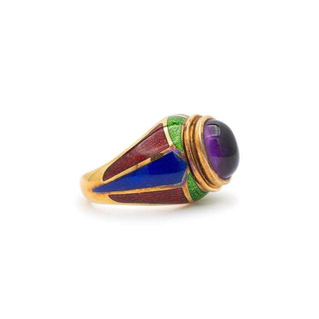 Modern Vintage Mavito New York 18K Yellow Gold Amethyst Blue Green Enamel Cocktail Ring Size 6 For Sale - Image 3 of 8