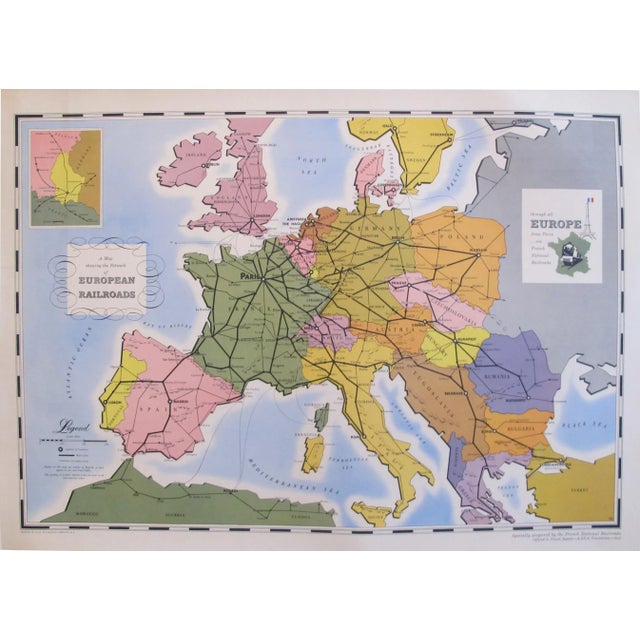 Linen 1949 Original Vintage French Travel Poster, European Railroad Map (Linen Backed) For Sale - Image 8 of 8