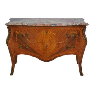 French Louis XV Inlaid Marble Top Commode Chest For Sale