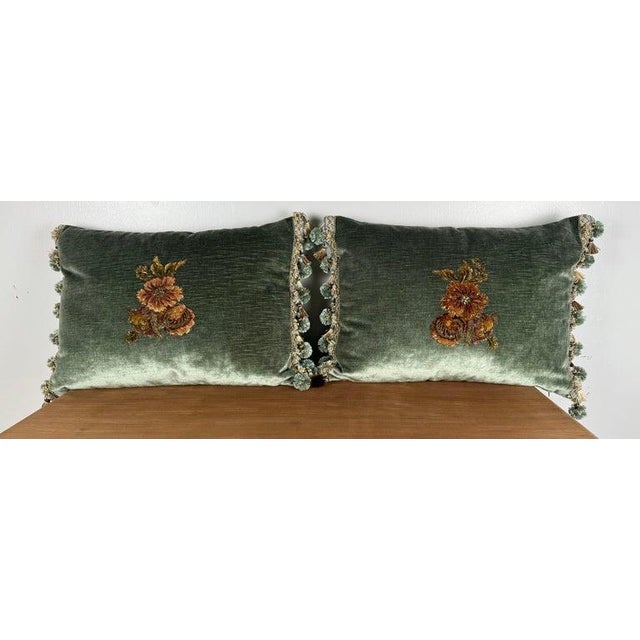 A stunning pair of custom pillows designed by Melissa Levinson, combining antique French textile artistry with...