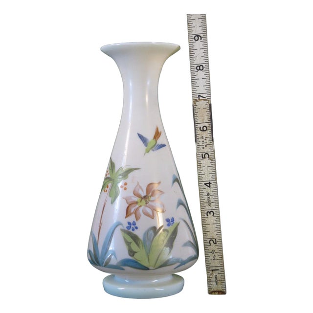 Late 19th Century Vase White Opalescent Glass, Hand Painted Enameled Flowers, Mouth Blown, Victorian For Sale