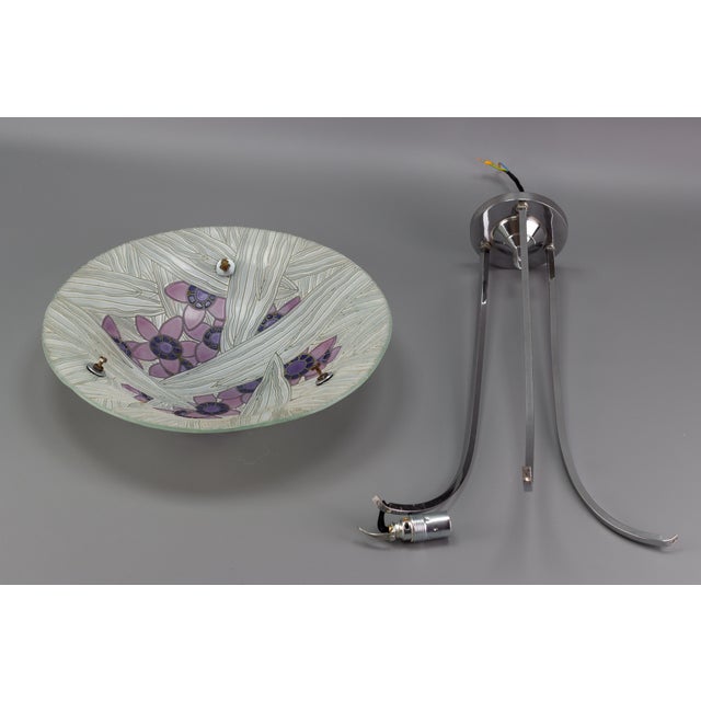 Art Deco French Floral Glass and Chrome Pendant Light from Loys Lucha, 1930s For Sale - Image 16 of 18