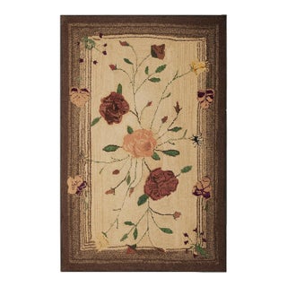 1890s Beige Floral Folk Art Antique American Hooked Rug 2'7" X 3'11" Handknotted Wool Carpet For Sale