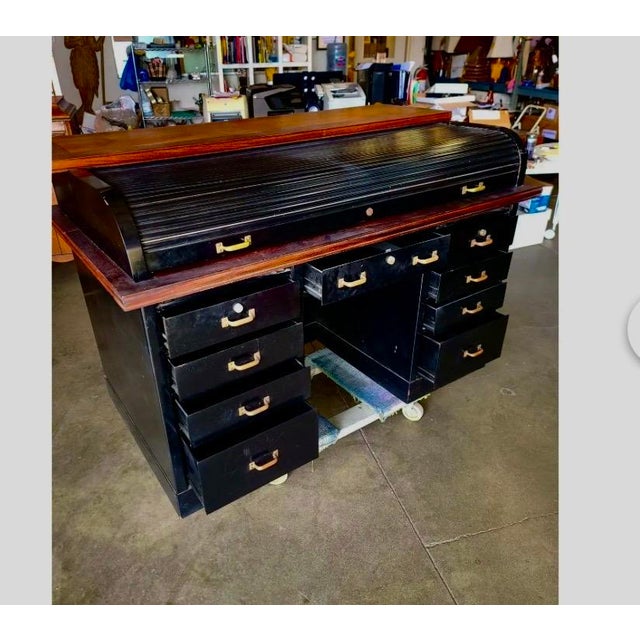 1950s Industrial Roll-Top Metal Tanker Desk With Brass Detailing For Sale - Image 4 of 7